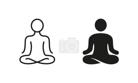 Yoga Position Silhouette und Line Icon Set. Meditieren Sie Relax Piktogramm. Spirituelles Chakra-Zen-Symbol. Ruhige Aura Galaxy Gelassenheit und Gesundheit Körper. Editierbarer Schlaganfall. Isolierte Vektorillustration.