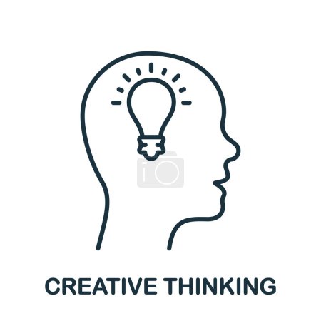 Illustration for Creative Thinking Line Icon. Lightbulb in Human Head Linear Pictogram. Innovation Science Idea Outline Sign. Intellectual Mind Process Symbol. Editable Stroke. Isolated Vector Illustration. - Royalty Free Image