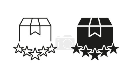 Illustration for Five Stars Positive Evaluate of Delivery Silhouette and Line Icon Set. Customer Satisfaction, Top Quality Shipping Pictogram. Success Feedback Sign. Editable Stroke. Isolated Vector Illustration. - Royalty Free Image