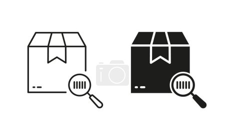 Illustration for Barcode on Parcel Box with Magnifier Scanner Silhouette and Line Icon Set. Search Product Bar Code on Cardboard Package. Find Tracking Number Icon. Editable Stroke. Isolated Vector Illustration. - Royalty Free Image