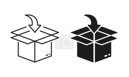 Illustration for Put in Carton Parcel Box Delivery Service Silhouette and Line Icon Set. Packing Cardboard Pointing Arrow Inside Pictogram. Distribution Container Sign. Editable Stroke. Isolated Vector Illustration. - Royalty Free Image
