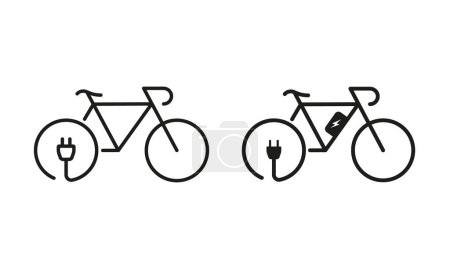 Ilustración de Línea de bicicleta de energía verde y conjunto de iconos de silueta. Bicicleta eléctrica ecológica. Electricidad Power Eco Bike con la colección de símbolos de enchufe de carga sobre fondo blanco. Ilustración vectorial aislada. - Imagen libre de derechos