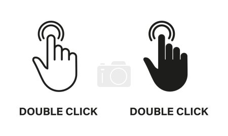 Double clic geste, curseur de la main de la ligne de la souris de l'ordinateur et de la silhouette Black Icon Set. Pictogramme du doigt pointeur. Double Appuyez sur, Balayez, Touchez, Point, Appuyez sur signe. Illustration vectorielle isolée.