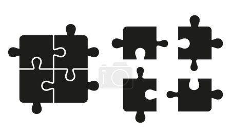 Illustration for Puzzle Pieces Match, Combination Solution Silhouette Icon Set. Assemble and Disassemble Jigsaw Solid Symbol. Team Integration, Teamwork Glyph Pictogram. Isolated Vector Illustration. - Royalty Free Image