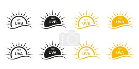 Loción protector solar, SPF UVA UVB Protect Icon Set. Etiquetas Sunblock Cream. Pictograma de protección de la piel UV. Anti rayos ultravioleta, bloque solar colección de símbolos de radiación. Ilustración vectorial aislada.