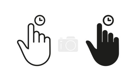 Illustration for Hand Cursor, Computer Mouse Line and Silhouette Black Icon Set. Finger Pointer with Clock Pictogram. Click, Press, Tap, Touch, Swipe, Point Gesture Sign Collection. Isolated Vector Illustration. - Royalty Free Image