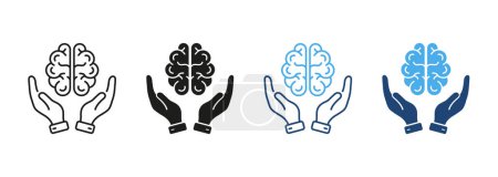 Illustration for Neurology, Psychology Line and Silhouette Color Icon Set. Human Brain with Hands Pictogram. Education, Logic Analysis, Memory, Mind Symbol Collection on White Background. Isolated Vector Illustration. - Royalty Free Image