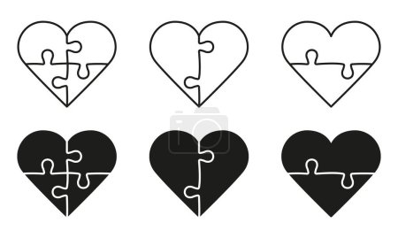 Illustration for Jigsaw Pieces Match Together in Heart Shape Line and Silhouette Icon Set. Puzzle Combination Pictogram. Greeting Love Card for Valentine Day Symbol Collection. Isolated Vector Illustration. - Royalty Free Image