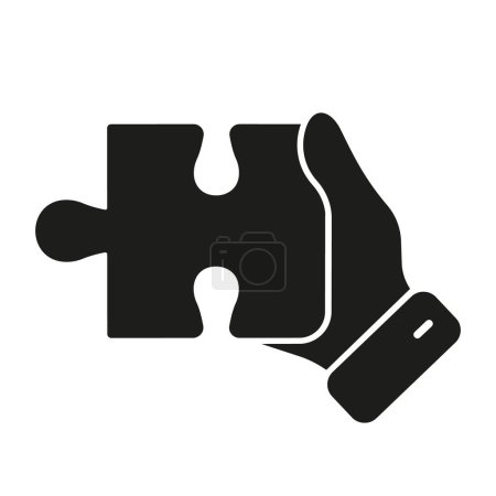 Illustration for Jigsaw Part in Hand, Success Merge Solid Sign. Problem Solving, Solution, Strategy and Oneness Concept Glyph Pictogram. Human Hand Holds Puzzle Piece Silhouette Icon. Isolated Vector Illustration. - Royalty Free Image