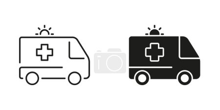 Ambulance Line and Silhouette Black Icon Set. Paramedics Transport for First Aid Service Symbol Collection. Urgent Medical Help Sign. Emergency Car Pictogram. Isolated Vector Illustration.