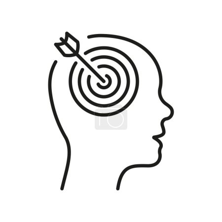 Illustration for Goal, Target, Aim, Focus Line Icon. Objective-Focused Human Head Linear Pictogram. Mental Concentration Outline Sign. Intellectual Process Symbol. Editable Stroke. Isolated Vector Illustration. - Royalty Free Image