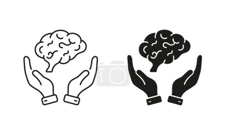 Illustration for Neurology, Psychology Line and Silhouette Icon Set. Human Brain with Hands Pictogram. Education, Logic Analysis, Memory, Mind Symbol Collection on White Background. Isolated Vector Illustration. - Royalty Free Image