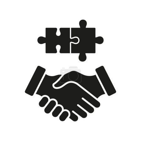 Illustration for Handshake and Jigsaw Glyph Pictogram. Partnership, Relationship, Agreement Silhouette Icon. People Professional Match, Found Solution, Cooperation Solid Sign. Isolated Vector Illustration. - Royalty Free Image