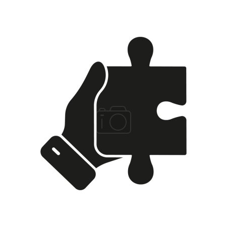 Illustration for Human Hand Holds Puzzle Piece Silhouette Icon. Problem Solving, Solution, Strategy and Oneness Concept Glyph Pictogram. Jigsaw Part in Hand, Success Merge Solid Sign. Isolated Vector Illustration. - Royalty Free Image