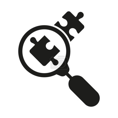 Illustration for Magnifier and Puzzle Parts Match Silhouette Icon. Problem Solving, Teamwork and Connection Solid Sign. Magnifying Glass with Jigsaw Pieces Glyph Pictogram. Isolated Vector Illustration. - Royalty Free Image