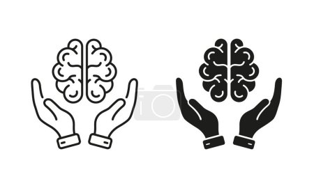 Illustration for Neurology, Psychology Line and Silhouette Icon Set. Human Brain with Hands Pictogram. Education, Logic Analysis, Memory, Mind Symbol Collection on White Background. Isolated Vector Illustration. - Royalty Free Image