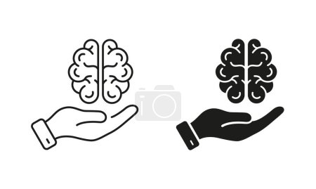 Illustration for Education, Logic Analysis, Memory Symbols on White Background. Human Brain with Hand, Mind Health Care Pictogram. Neurology, Psychology Line and Silhouette Icon Set. Isolated Vector Illustration. - Royalty Free Image