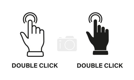 Ilustración de Doble clic en gesto, Cursor de mano de la línea del ratón de la computadora y Silueta Negro icono conjunto. Pictograma de dedo puntero. Doble pulsación, Deslizar, Tocar, Punto, Toque en el signo. Ilustración vectorial aislada. - Imagen libre de derechos