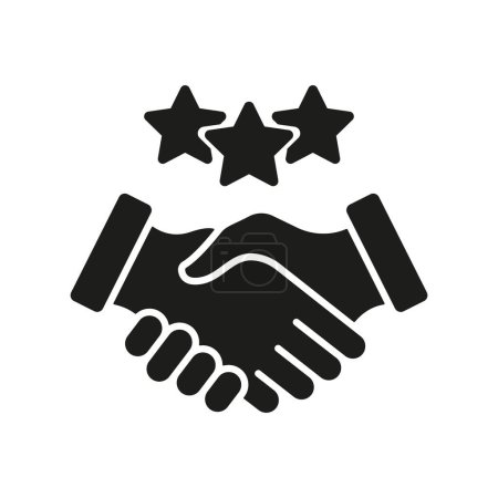 Icono de silueta de crecimiento y logro. Asociación, Apreciación, Símbolo de Comunicación Empresarial. Concepto de Valor Principal. Handshake With Stars Glyph Pictogram (en inglés). Ilustración vectorial aislada.