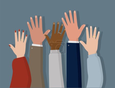 Ilustración de Illustration showing raised hands of men and women. Voting, freedom and diversity concept. On blue background - Imagen libre de derechos