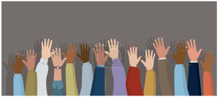 Ilustración de Ilustración panorámica que muestra las manos levantadas de hombres y mujeres. Votación, libertad y diversidad. Sobre fondo gris - Imagen libre de derechos