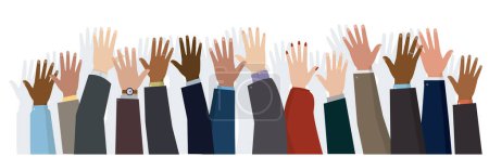 Illustration for Vector panoramic illustration of raised hands. Voting, democracy and freedom concept - Royalty Free Image