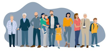 Vektor-Illustration, die eine Gruppe von Charakteren darstellt, eine Familie bestehend aus mehreren Generationen, Großeltern, Kindern und Enkeln