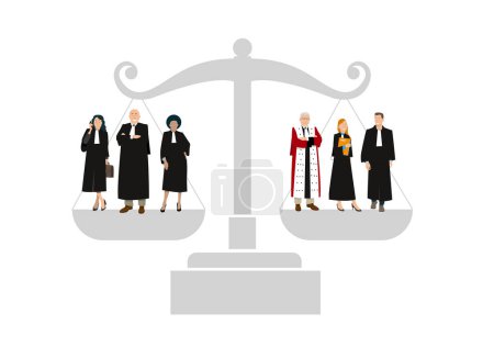 Ilustración de Ilustración vectorial que representa a los magistrados y abogados planteados en un equilibrio. concepto de justicia - Imagen libre de derechos