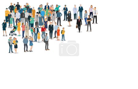 vector illustration showing a multi racial crowd of characters of different ages and cultures. Families, seniors, children and working people in flat design.