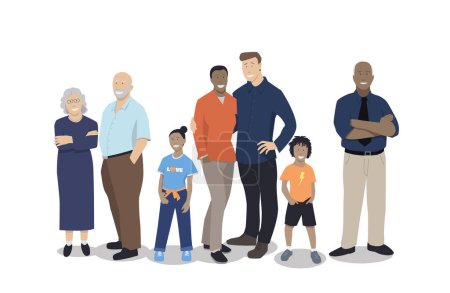 ilustración vectorial que representa una feliz familia multigeneracional de raza mixta. Padres, hijos y abuelos