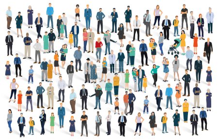 vector illustration depicting a large group of characters on a white background. A crowd of people, the population of a country. Women, children and businessmen.