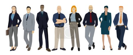 Illustration, die ein Team bei der Arbeit darstellt, Charaktere verschiedener Rassen, unterschiedlichen Alters, Geschäftsleute oder Frauen, Büroangestellte mit dem Chef, der Manager im Zentrum.