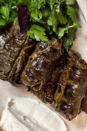 Photo for Dolma with lamb fillet and rice with herbs wrapped in grape leaves. Nearby lies sour cream and mixed salad of different types of greens. The food lies in an oval ceramic plate. - Royalty Free Image
