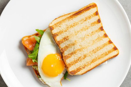 Foto de Sandwich con tostadas, salmón, huevo frito, hojas de albahaca y rúcula. El sándwich se encuentra en una placa de cerámica ligera sobre un fondo de piedra gris. - Imagen libre de derechos