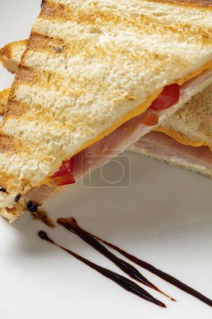 Photo for Toasted bread sandwich with cheese, ham and tomatoes, cut in two and topped with balsamic sauce. The sandwich lies on a light ceramic plate on a gray stone background. - Royalty Free Image