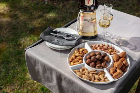 Photo for Assorted different types of nuts on a ceramic plate with Frangelico liqueur in a bottle and two glasses of liqueur next to it. Food and drinks are on a wooden table on the lawn. - Royalty Free Image