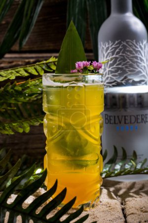 Photo for Cold cocktail with vodka and banana syrup in a glass glass with banana leaf and flowers standing on bricks with a bottle of water on the background and a fern - Royalty Free Image