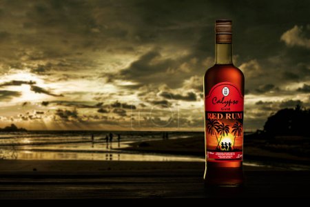 Photo for Calypso Red Rum in a red bottle standing on a dark tree against the backdrop of the setting sun and the sea - Royalty Free Image