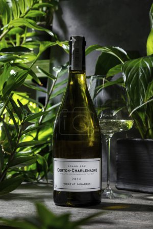 Téléchargez les photos : Une bouteille de Corton-Charlemagne Grand Cru 2016 vin blanc se dresse sur un fond de pierre grise, entouré de plantes tropicales et une toile de fond de pierre grise. A proximité se trouve un vin, verre transparent sur une jambe haute avec du vin blanc. - en image libre de droit