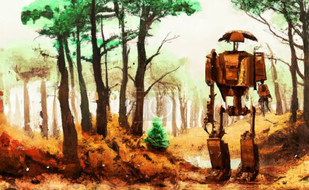 Téléchargez les photos : Robot rouillé errant dans la forêt dans un désert - en image libre de droit