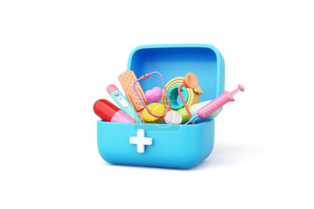 Photo for Medicine box first aid model set is bandage, adhesive plaster, pills, syringe, stethoscope and thermometer cute cartoon style kid pastel glossy white background. Object clipping path. 3D Illustration. - Royalty Free Image