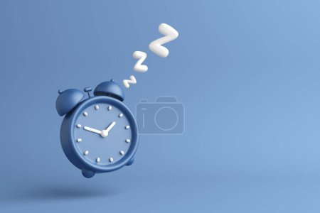 Reloj despertador azul oscuro dormitorio tiempo dormir sueño sueño noche mañana sueño alerta. Día de horas extras de trabajo permanecer despierto hasta tarde sin dormir somnoliento despertar tarde de cansancio. ruta de recorte de objetos. Ilustración 3D.