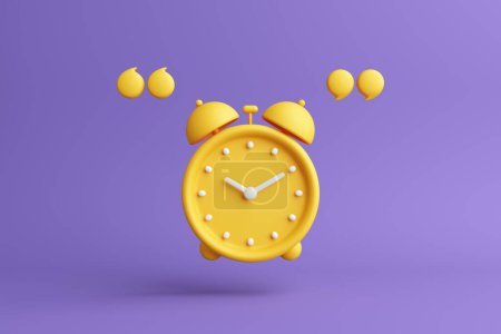 Photo for Creative clock yellow, quote mark on purple background. alarm clock reminder sound time past present future routine morning noon evening awake message. working lifestyle and activity. 3D Illustration. - Royalty Free Image