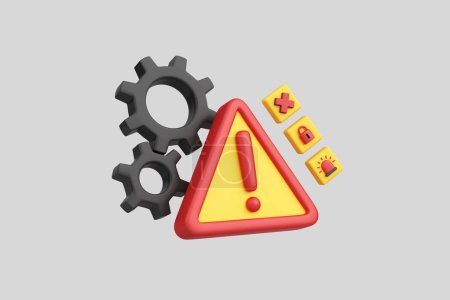 Photo for Red and yellow triangle exclamation mark symbol with object gear, emergency light, lock gray background. Notification danger, security warning and alert system crash. clipping path. 3D Illustration. - Royalty Free Image