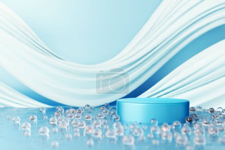 Photo for Circle podium blue luxury elegant valuable. Wall behind the white cloth flutters. Display on water, sea, ocean with wave ripple and crystal ball. cosmetic beauty product or skin care. 3D Illustration. - Royalty Free Image
