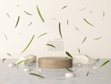 Téléchargez les photos : Brown marble display podium garden japan zen style on pond, ripple of water. Beige white stone, green bamboo leaves fall on water surface. Pedestal for cosmetic product or skin care. 3D Illustration. - en image libre de droit