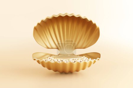 Photo for Platform and podium luxury elegant mother of pearl shell with pink gold pearls on gold background. Pedestal advertising display cosmetic, skin care and beauty products. clipping path. 3D Illustration. - Royalty Free Image