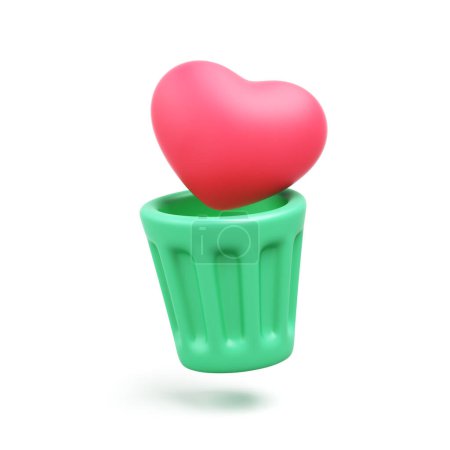 Foto de Símbolo de corazón rojo 3D descartado en un bote de basura verde sobre fondo blanco. Concepto abandonado por un amante, desconsolado, no correspondido en el amor, infiel, corazón roto. camino de recorte. Ilustración 3D. - Imagen libre de derechos