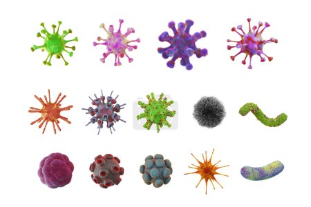 Photo for Virus 3d model set. Covid-19 germs, fungi, bacteria objects. Graphic from microscopic zoom in lab for learning science medical, biology, virology on white background. Clipping path. 3D Illustration. - Royalty Free Image