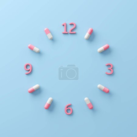 Photo for Capsule pill forms a clock face. top or front view light blue background. Health care remind to take your medicine on time, taking sleeping pills, pharmacy, supplements or vitamins. 3D Illustration. - Royalty Free Image